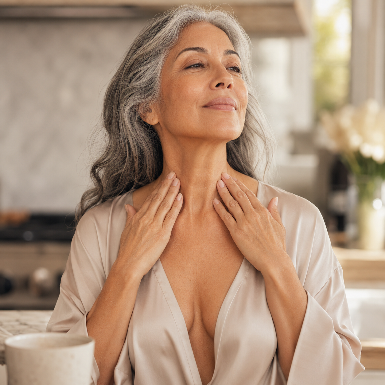 Woman in her 50s, confident and at ease in a V-neck top with coffee