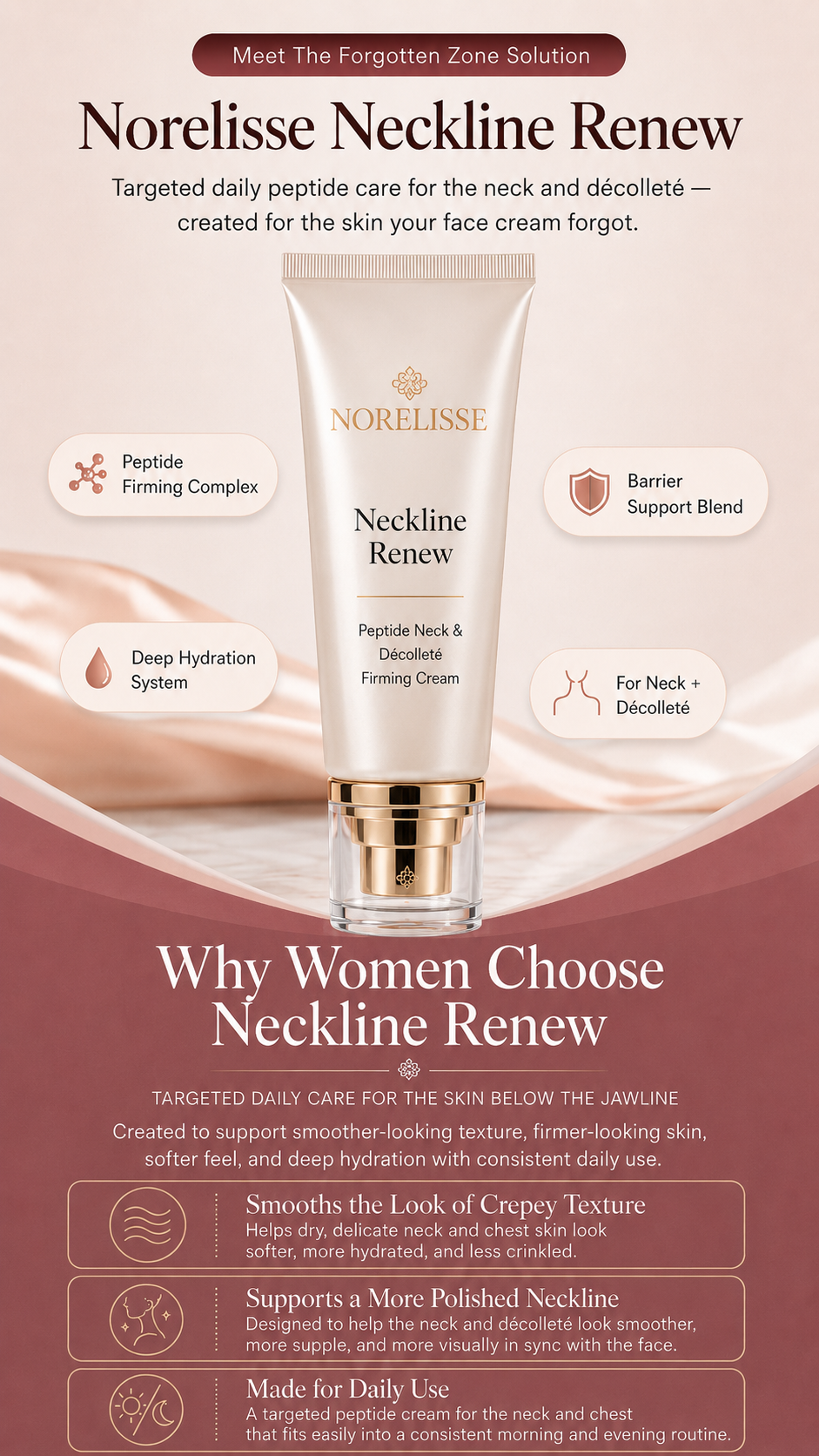 Norelisse Neckline Renew — targeted daily peptide care for the neck and décolleté, and why women choose it