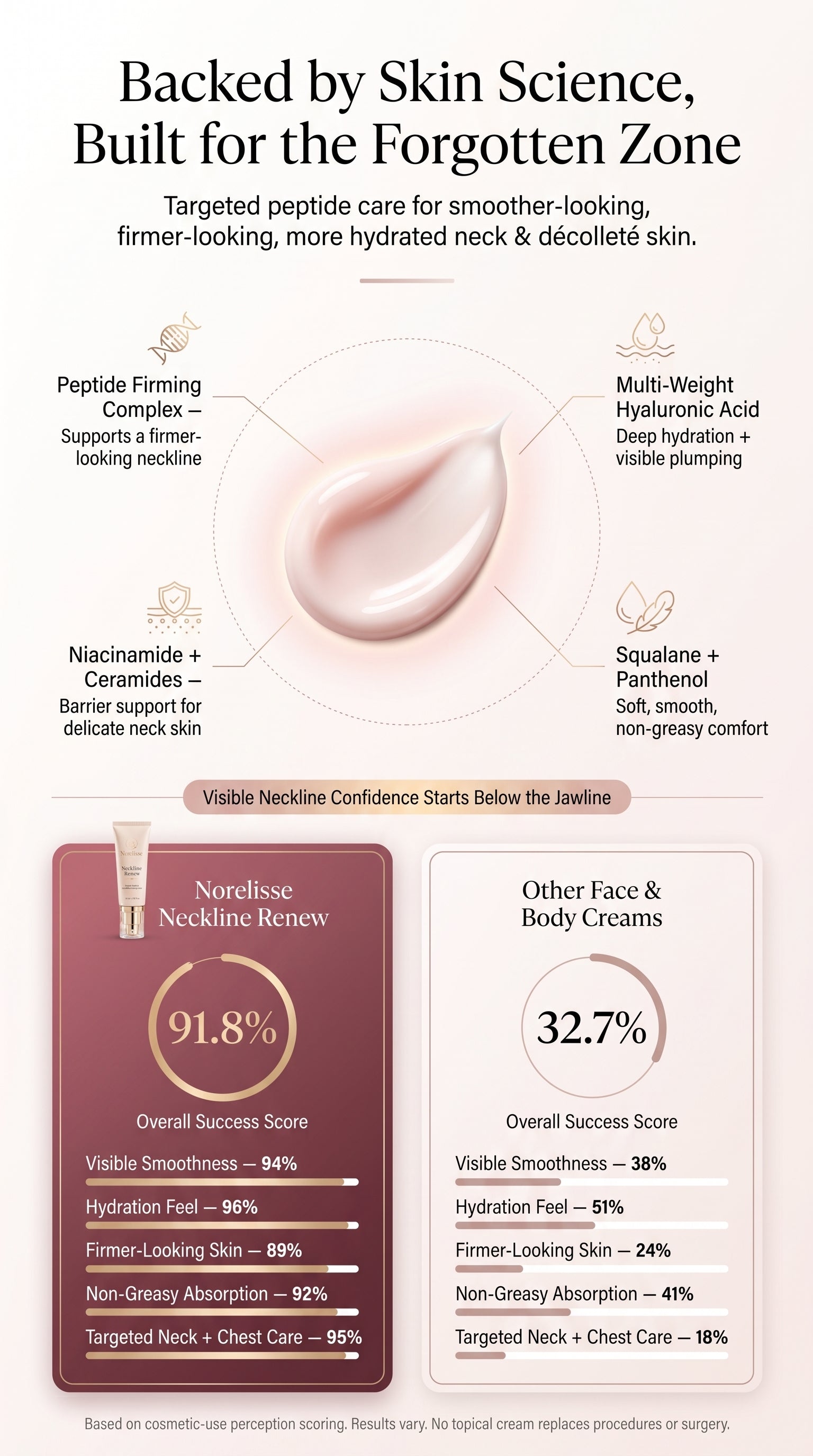 Backed by skin science, built for the Forgotten Zone — Norelisse Neckline Renew formula overview and comparison